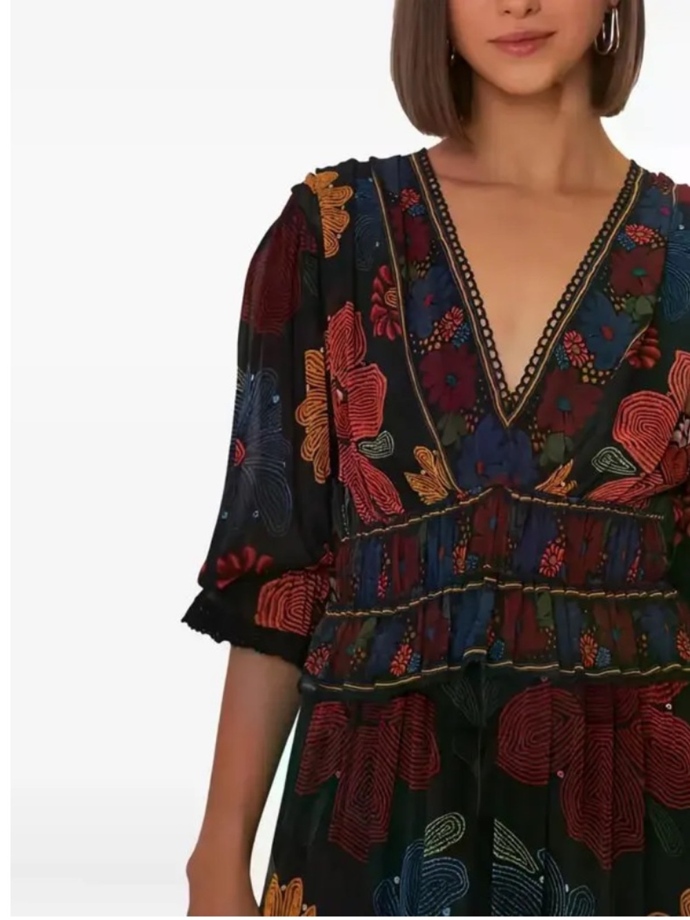 Farm Rio Floral V-Neck Tiered Maxi Dress in Black - Picture 3 of 11